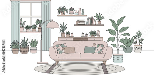 Cozy minimalist living room interior illustration showcasing a comfortable sofa, lush green houseplants, and modern home decor elements