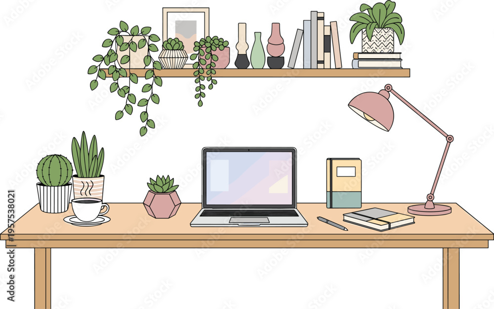 Fototapeta premium Cozy Home Office Setup with Laptop, Plants, and Books on a Wooden Desk Under a Shelf