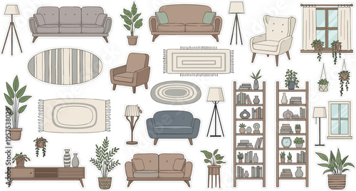 Modern flat design set of living room furniture elements and home decor essentials for contemporary interior design projects