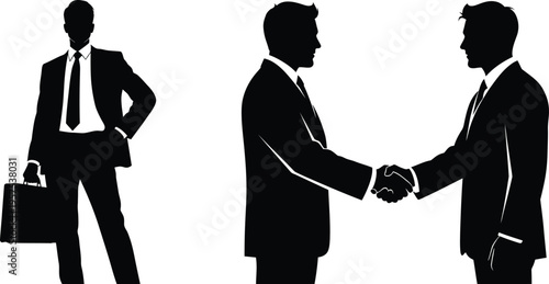 Silhouette vector graphic of businessmen shaking hands and standing in suit silhouettes