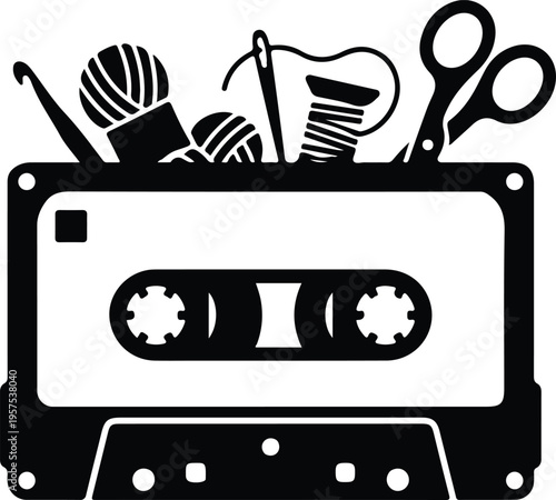 Vintage Cassette with Sewing and Craft Tools Illustration,
Black and white illustration of a retro cassette tape combined with sewing tools like scissors, thread, and knitting elements, symbolizing cr