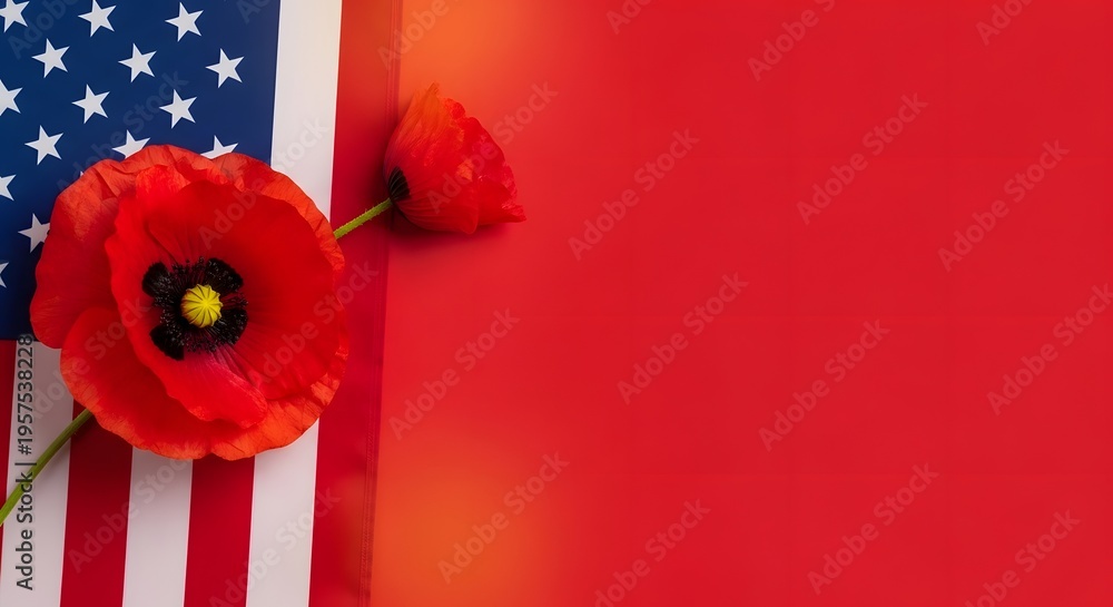Obraz premium Memorial day tribute with american flag and red poppies