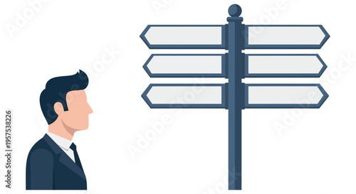 A man contemplates multiple directional signposts representing choices and decisions depicted as a striking silhouette high quality professional detailed modern elegant