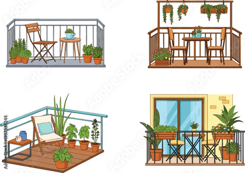 Urban Balcony Oasis: A collection of idyllic balconies showcasing diverse designs, each a personal sanctuary adorned with vibrant greenery and cozy furniture.