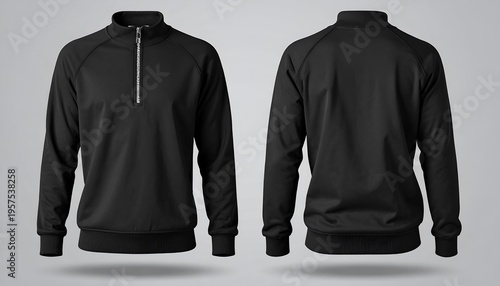 Black Quarter Zip Sweatshirt with High Collar Mockup - Front and Back View Isolated on Gray