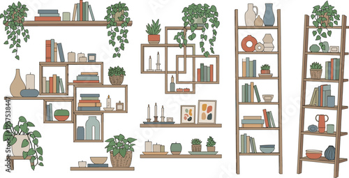 Cozy Shelf Collection: A captivating collection of shelves adorned with books, decorative items, and potted plants, creating a warm and inviting atmosphere, perfect for a home or office space.