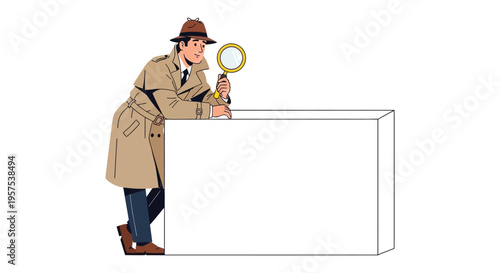 A detective character leans over a blank space magnifying glass in hand investigating a mystery silhouette high quality professional detailed