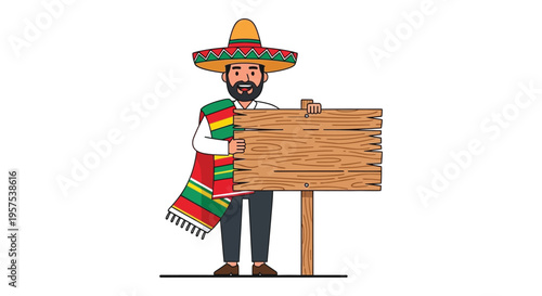 A cheerful mexican man in traditional attire holds a blank wooden sign presented as a silhouette high quality professional detailed modern