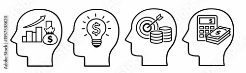 Set of business strategy line icons inside human head profiles, featuring analytics, innovation, target goals and financial planning. Minimal vector collection for startup and fintech use.