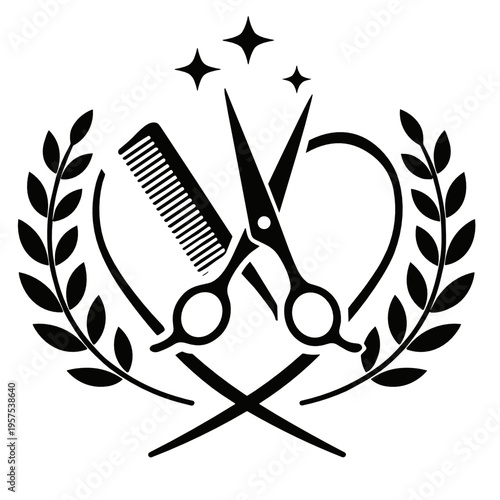Black barber crest with crossed scissors, comb, curved heart line and laurel branches. Stylish salon insignia for beauty, grooming and hair studio branding projects.
