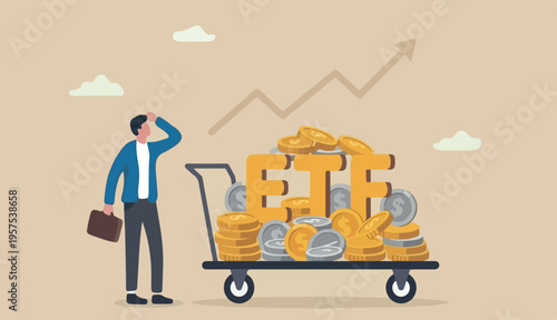 ETF, Exchange Traded Funds real time mutual funds that tracking investment index trading stock market concept, shopping carts trolley full Dollar money coins alphabet combine the word ETF