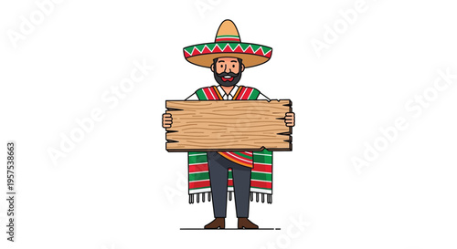 A cheerful man in traditional mexican attire holds a blank sign presented as a flat design silhouette high quality professional detailed