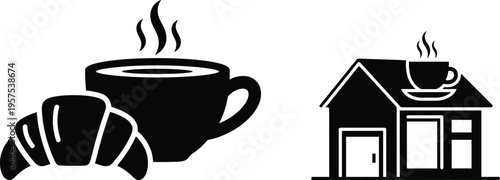 Silhouette vector illustration of coffee cup and croissant with house