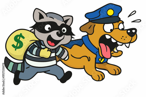 A comic police dog chases a raccoon thief carrying a money bag in a lively crime scene. Fun animal characters suggest robbery, pursuit, justice, and playful law enforcement storytelling.