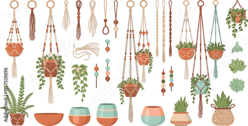 Macrame Plant Hangers: A collection of meticulously crafted macrame plant hangers, each showcasing unique designs, textures, and the delicate beauty of plants.