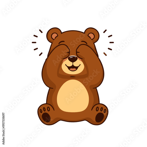 Cute brown bear sitting and covering its eyes with paws in a bashful pose. Expressive emotional character illustration for feelings, shyness, embarrassment, and kids communication themes.
