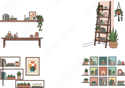 Chic Interior Decor: An assortment of modern shelves, adorned with vibrant plants and curated decor, create a harmonious blend of style and nature.