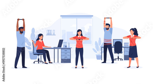 Workplace Wellness: Office Staff Exercising and Stretching at Desks for Health, Balance, and Productivity
