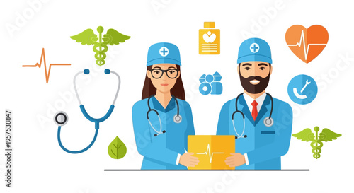 Healthcare Professionals Team Flat Design with Medical Icons - Doctor and Nurse Stethoscope ECG Symbols