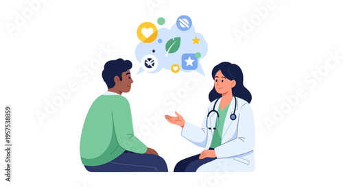 Doctor Patient Consultation: Healthcare Communication, Medical Advice, Wellness Discussion, and Digital Health Concept Vector Illustration
