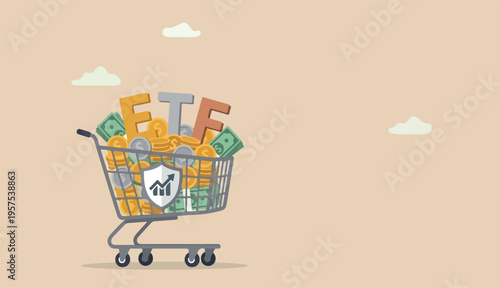 ETF, Exchange Traded Funds real time mutual funds tracking investment index trading to stock market concept, shopping carts trolley full Dollar money coins alphabet combine word ETF.