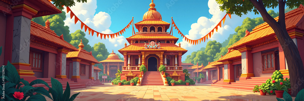 Obraz premium Colorful temple courtyard with vibrant architectural details and lush greenery in sunny atmosphere. Temple features traditional design and ornate decorations surrounded by nature.