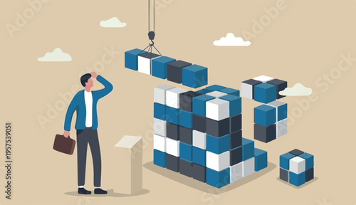 Scalable business model, flexibility too adapt or expand business growth with cost efficiency concept, businessman expand into scale down too cube box metaphor scalability