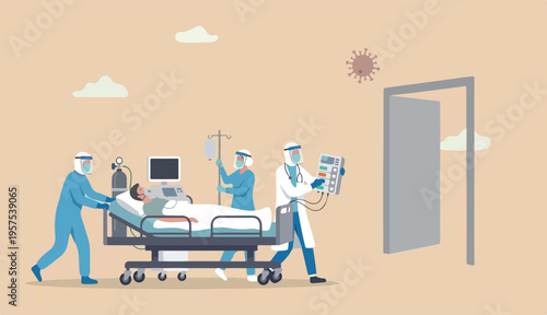 Emergency case for Coronavirus critical patient concept, doctor medical team to riding bed critical Coronavirus COVID-19 pneumonia patient to emergency room extra treatment, virus pathogen