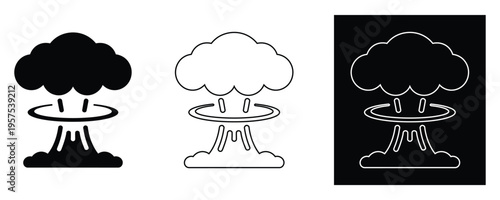 Nuclear explosion icon set featuring mushroom cloud silhouette outline and inverted versions for weapon of mass destruction atomic blast radioactive hazard sign
