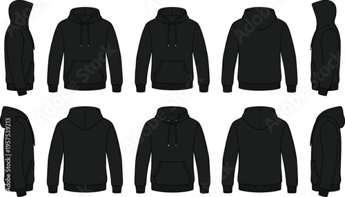 Black hoodie mockup set, hooded sweatshirt template vector, front back and side views, apparel design blank, casual streetwear clothing silhouette.