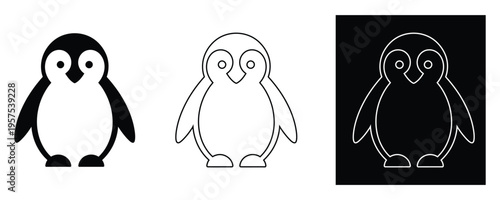 Penguin icon set with three variations including a solid black silhouette, an outline, and a white outline on a black background