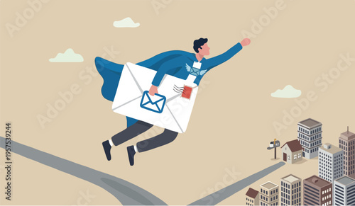Email to the of we this communication, marketing campaign from subscription, sending message or information concept, businessman superhero carrying big email envelope flying to recipient address