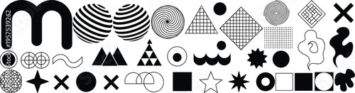 Large collection of abstract geometric shapes and Y2K acid graphics elements featuring minimalist symbols stars and wavy lines for modern streetwear branding designs.
