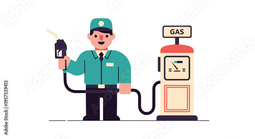 A cheerful gas station attendant is depicted filling a vehicle with fuel in a flat design silhouette high quality professional detailed