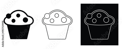 Muffin or cupcake icon set with blueberry toppings shown in solid black silhouette elegant thin line style and inverted white outline for bakery branding