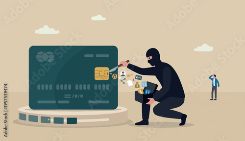 Credit card or debit card payment account fraud, hacker criminal use phishing steal online money, data personal identity concept, thief in black steal smart ship from debit credit card
