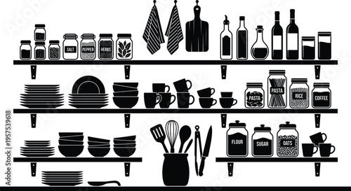 Kitchen Shelf Storage Silhouette with Plates Cups Jars Bottles Utensils and Pantry Containers Organized Home Kitchen Interior Illustration