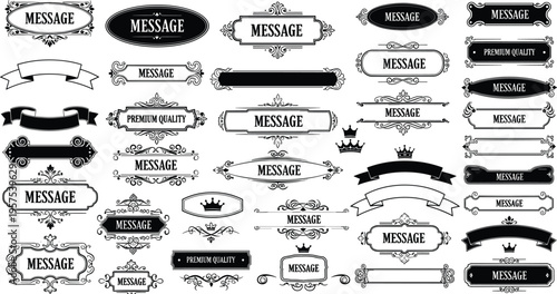 Collection of vintage ornamental frames and decorative ribbon banners with elegant flourishes and classic border designs for premium quality product labeling and invitations.