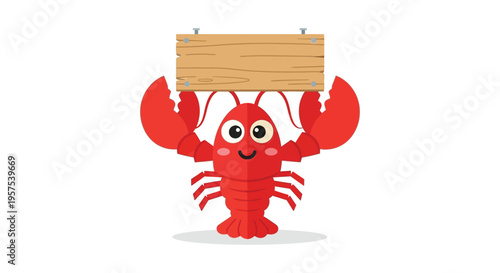A cheerful red lobster playfully holds a wooden sign with its claws creating a whimsical illustration silhouette high quality professional detailed