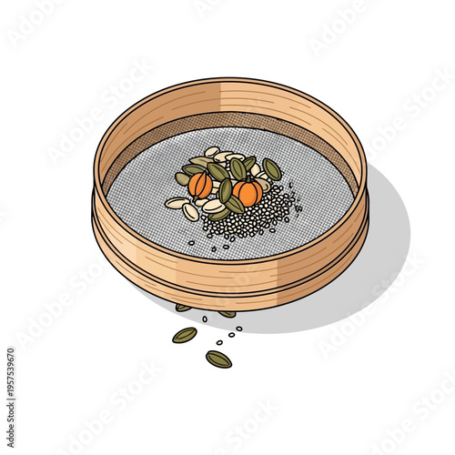 Sieve with Seeds and Fruits Illustration.