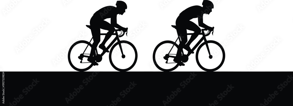 Obraz premium Silhouette vector of two cyclists riding bicycles in profile view