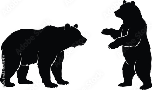 Black silhouette of a grizzly bear standing on hind legs facing another bear on all fours for wildlife nature concept