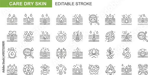 Dermatology and skincare line icon set featuring dry skin care moisturizing treatments hair follicle health and organic cosmetic product application for beauty industry.