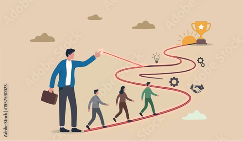 Leadership direction to the forguidance solution follow manager create strategy or way to achieve success, leading to win concept businessman leader employees follow.