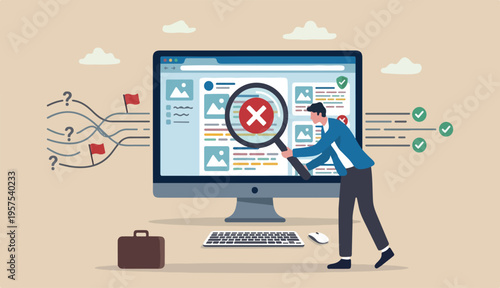 Fake news or false information spreading website social media, screening verify before sharing believe concept, man magnifying glass verify fake news website computer.