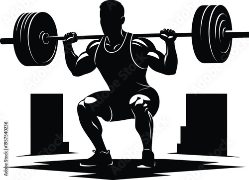 Silhouette vector illustration of a man lifting weights in a squat position
