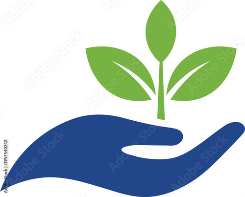 Blue hand holding green plant with three leaves growing upwards growth