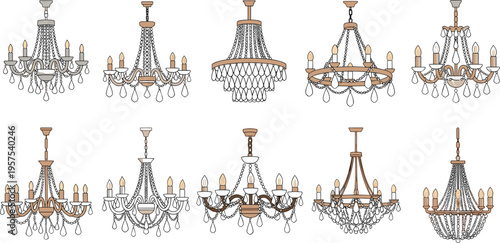 Set of elegant luxury chandelier icons featuring crystal glass pendant lamps and ornate baroque lighting fixtures for interior design architectural visualization and wedding decoration vectors
