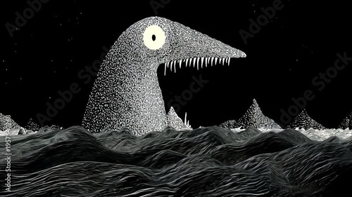Black and White Surreal Sea Landscape with Abstract Monster and Mythical Creature in Whimsical Design