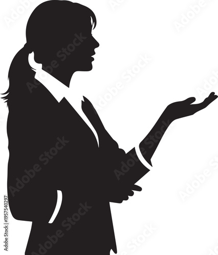 Business woman silhouette illustration presenting with hand gesture vector line art design